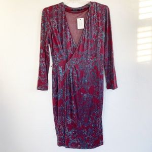 NWT Peruvian Connection Katrina Long Sleeve Floral Printed Wrap Dress Burgundy